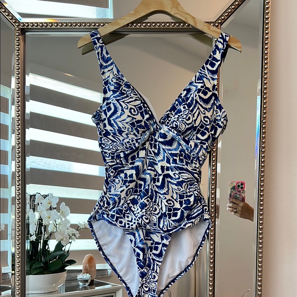 Ralph Lauren Blue and White One Piece Swimsuit